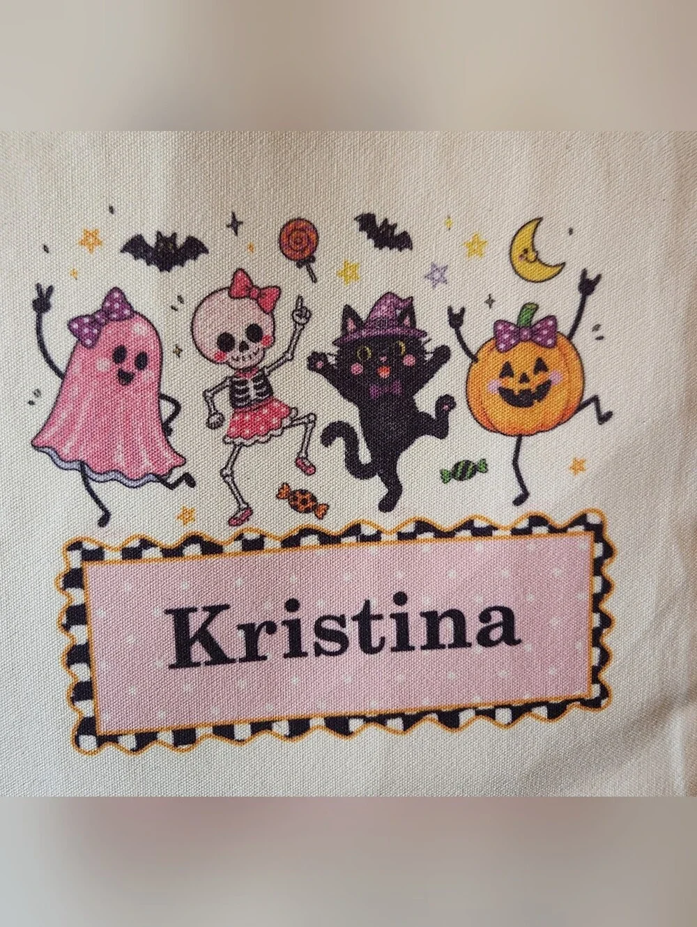 Personalized Kids Halloween Trick Or Treat Tote Bag - Pink and Black
